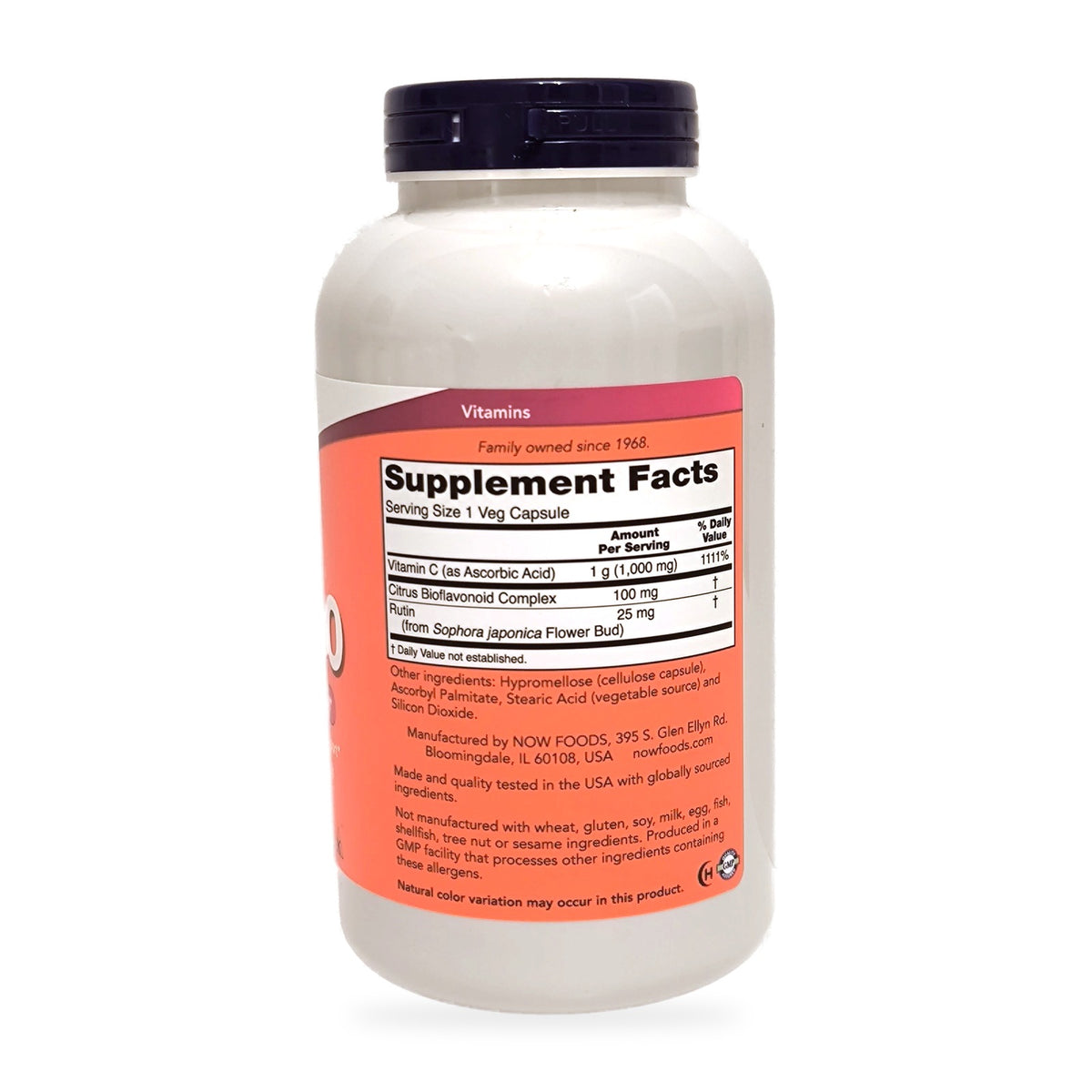 Now Foods C-1000 koostis: 1000 mg C-vitamiini, 100 mg tsitrusbioflavonoide, 25 mg rutiini
