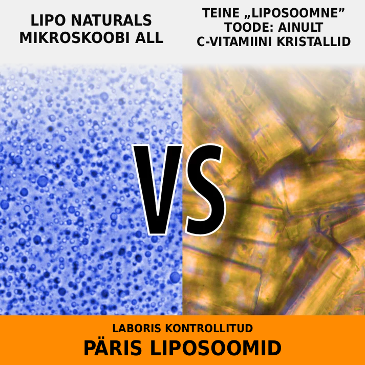 Lipo Naturals liposoomid mikroskoobi all vs teine liposoomne toode, milles on ainult C-vitamiini kristallid